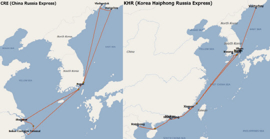 현대상선이 12월 말부터 새롭게 운항할 중중국발 노선(왼쪽)과 남중국발 노선.<현대상선 제공>
